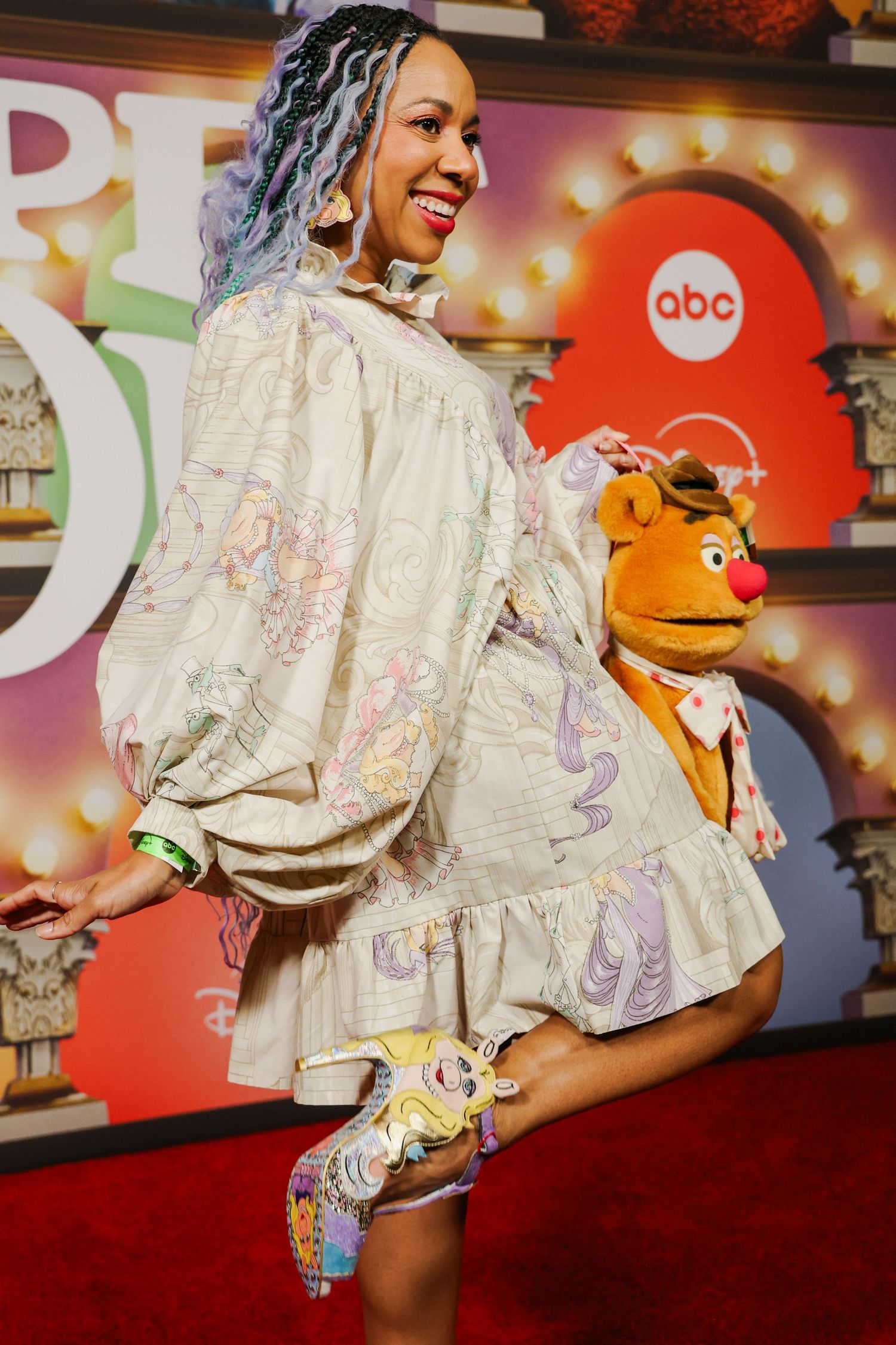 Influencer posing at The Muppet Show premiere at The Roosevelt in Los Angeles. Hosted by Seth Rogen.