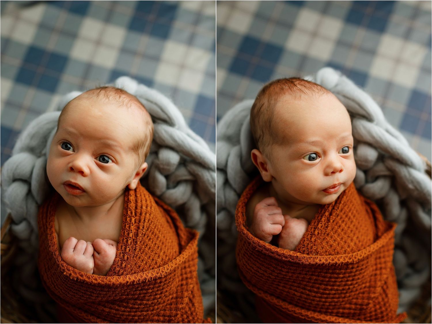 Newborn baby wrapped in rust orange knit swaddle, nestled in a basket with gray chunky knit blanket.