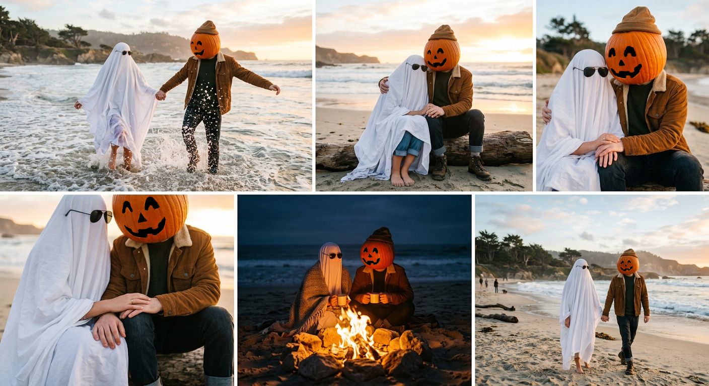Couple in ghost costumes and pumpkin heads posing on a beach at sunset, sitting by a campfire in Halloween costumes.