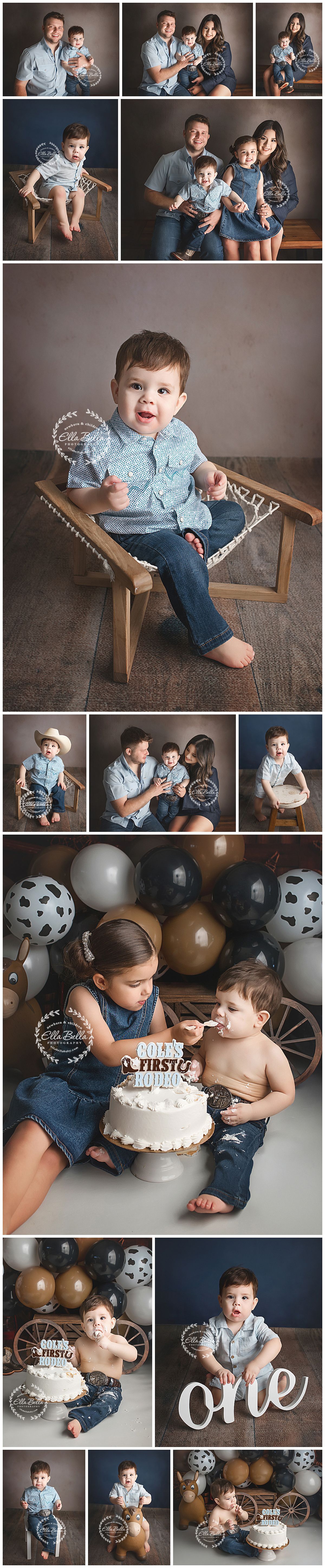 A collage of a baby boy's first birthday cake smash photo session with family, featuring cowboy theme balloons and decorations.