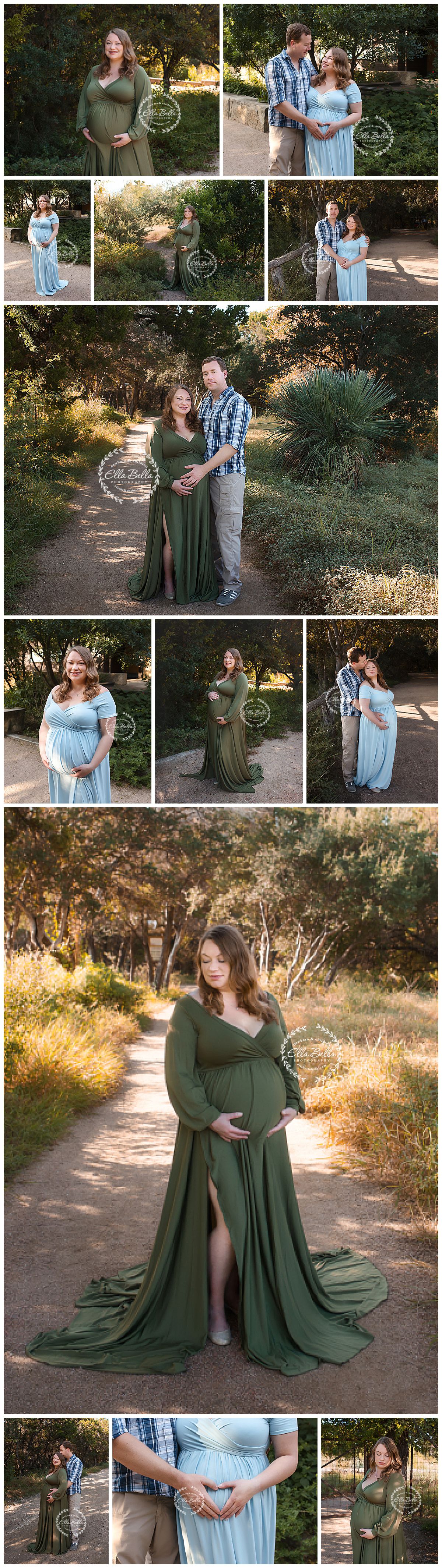 Outdoor maternity photo session featuring a pregnant woman in green and light blue gowns posing with her partner in a garden.