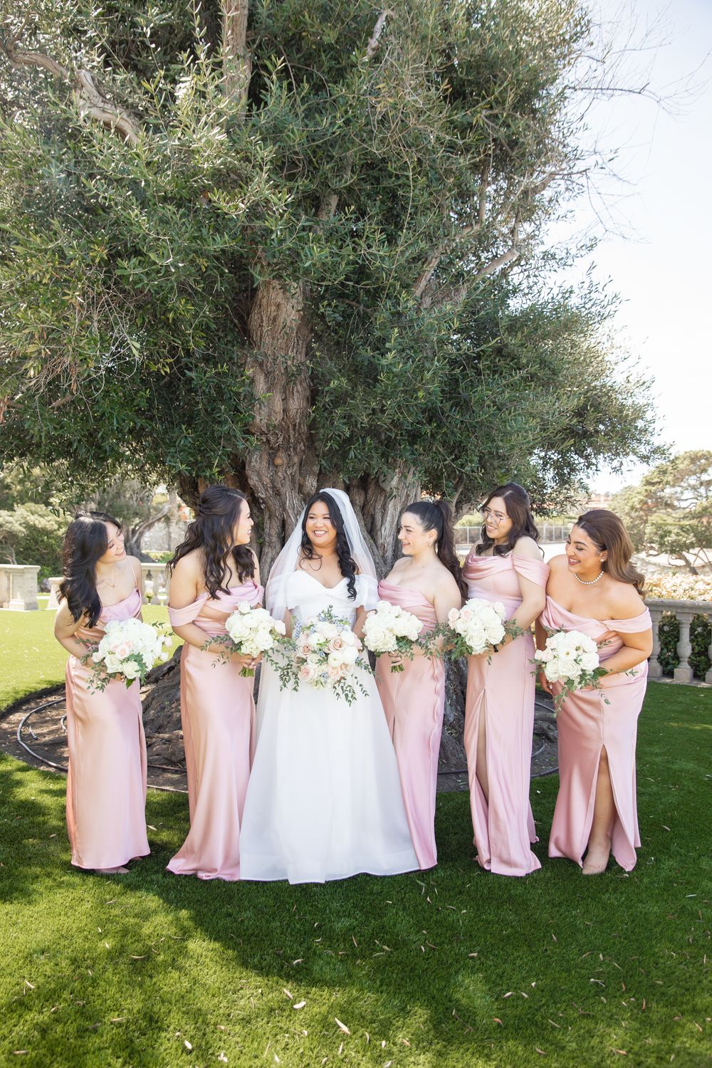 Bride in white gown with six bridesmaids in pink satin dresses holding white bouquets under a large tree outdoors.