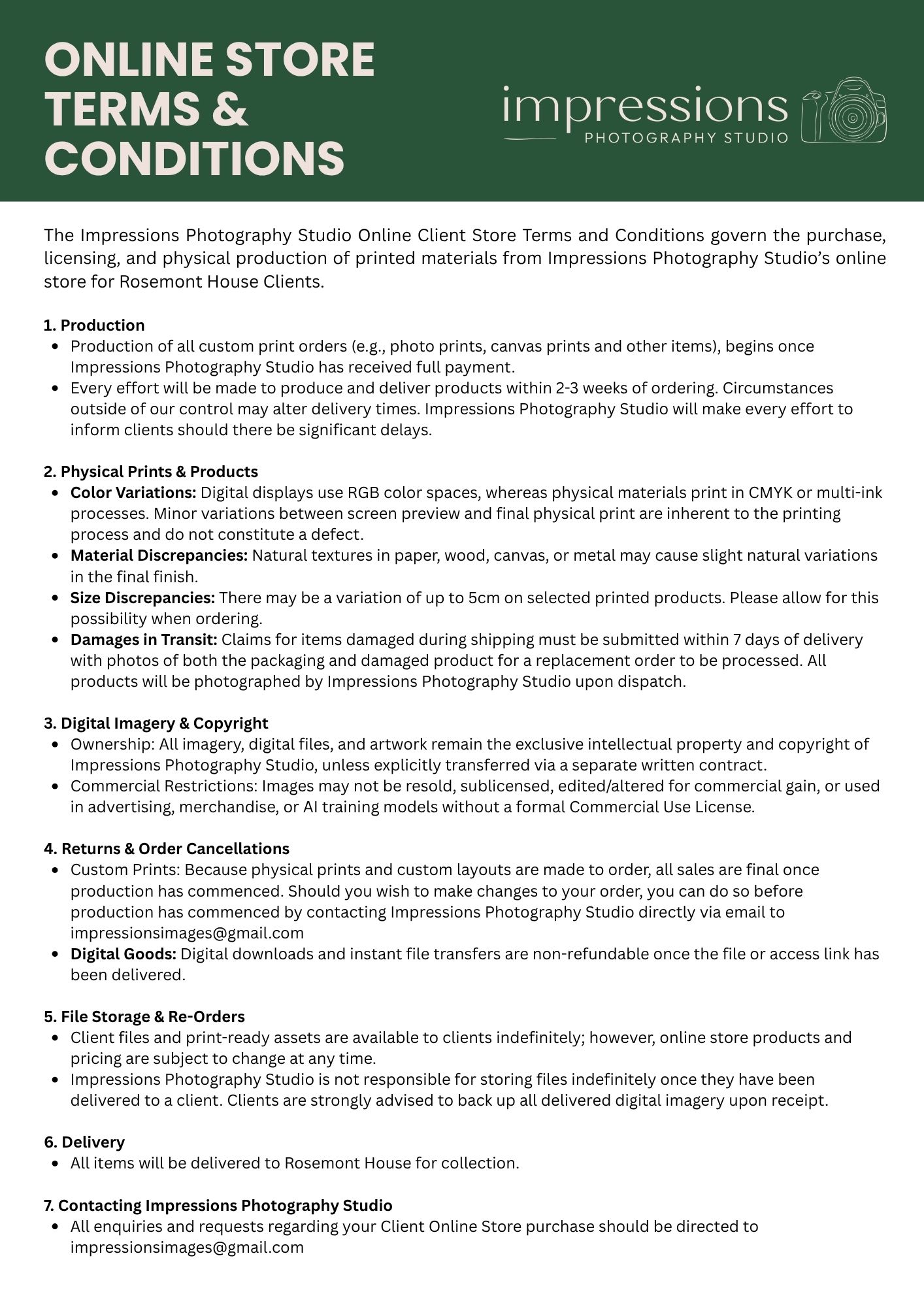 Impressions Photography Studio online client store terms and conditions document on a dark background.