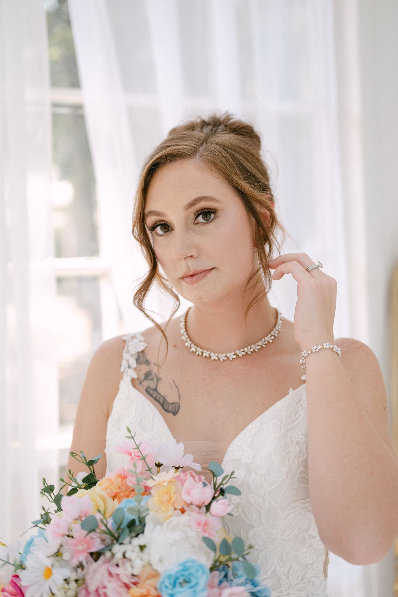 Close up of bride during bridal portraits in Conroe Texas.