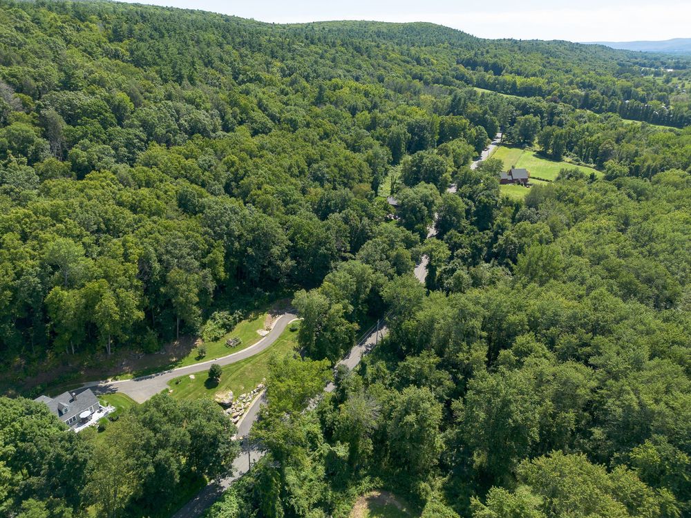 Aerial drone view of a densely wooded landscape with a winding road and clearing visible below.