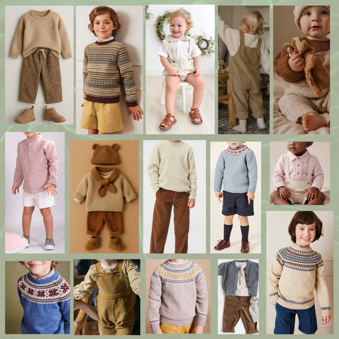 Fashion moodboard collage showing winter outfit styles with cozy sweaters, plaid skirts, and boots in warm brown tones.