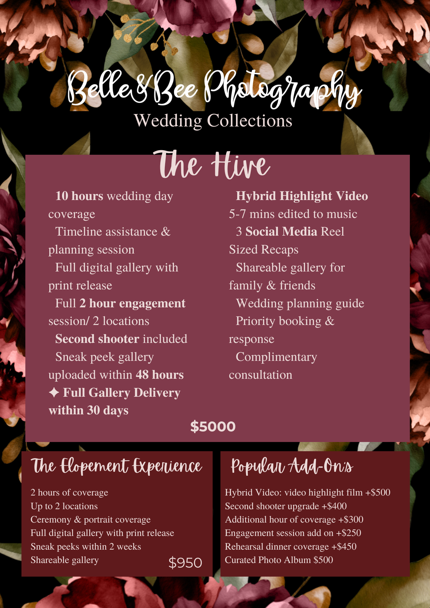 Belle & Bee Photography wedding collections flyer featuring The Hive package at $5000 with floral dark background design.