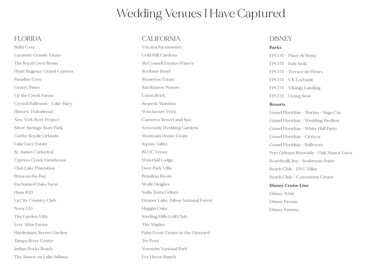 A list of wedding venues captured across Florida, California, and Disney locations, organized by state.