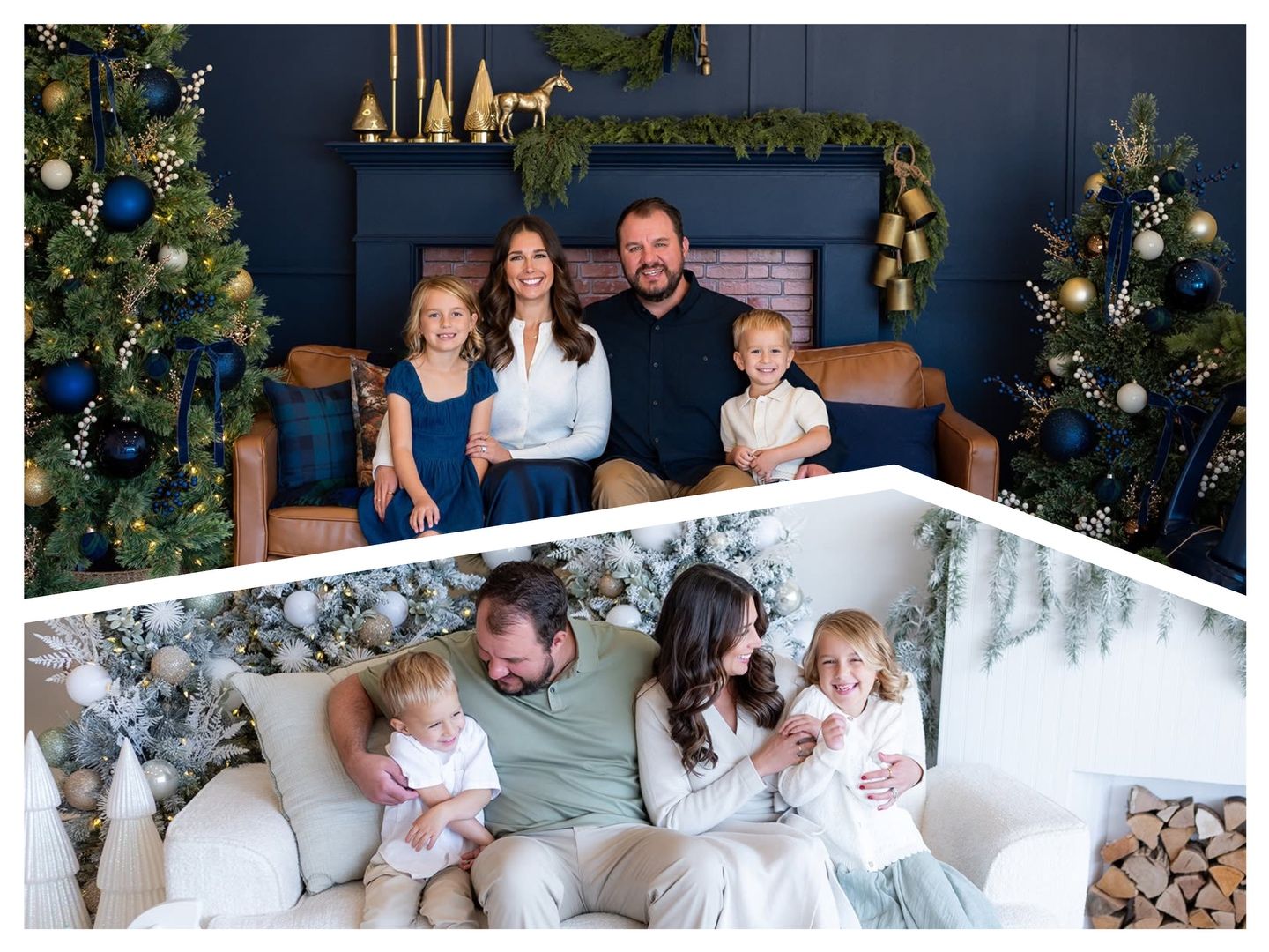 Smiling family of four in navy and white outfits sit on a tan leather sofa surrounded by decorated Christmas trees and a festive mantel.