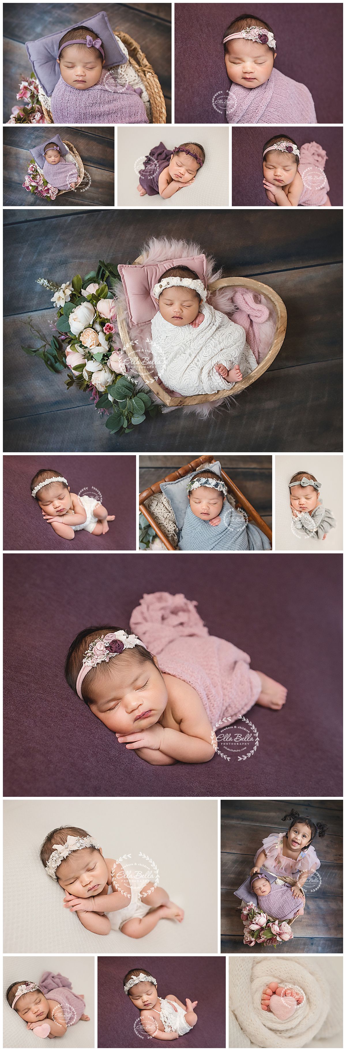 Two smiling girls in blue dresses with white bows pose with sleeping newborn in bowl.