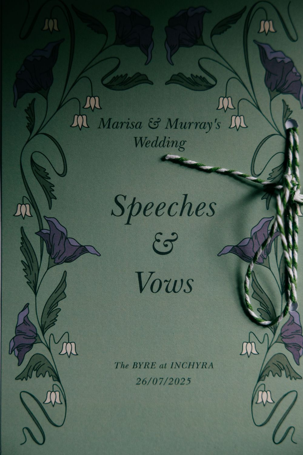 Elegant green wedding booklet for Marisa and Murray's speeches and vows at The Byre at Inchyra, 26/07/2023.