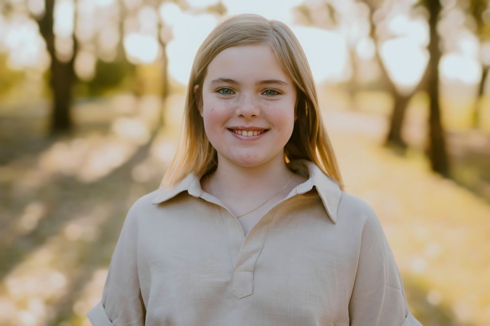 Smiling young girl with blonde hair wearing a beige shirt, posing outdoors in golden sunlight among trees.