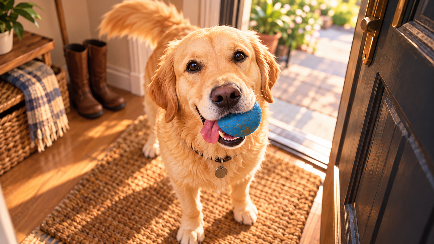 Whiskers & Co song You Came Back – happy golden retriever greeting someone at the door with a blue ball in its mouth