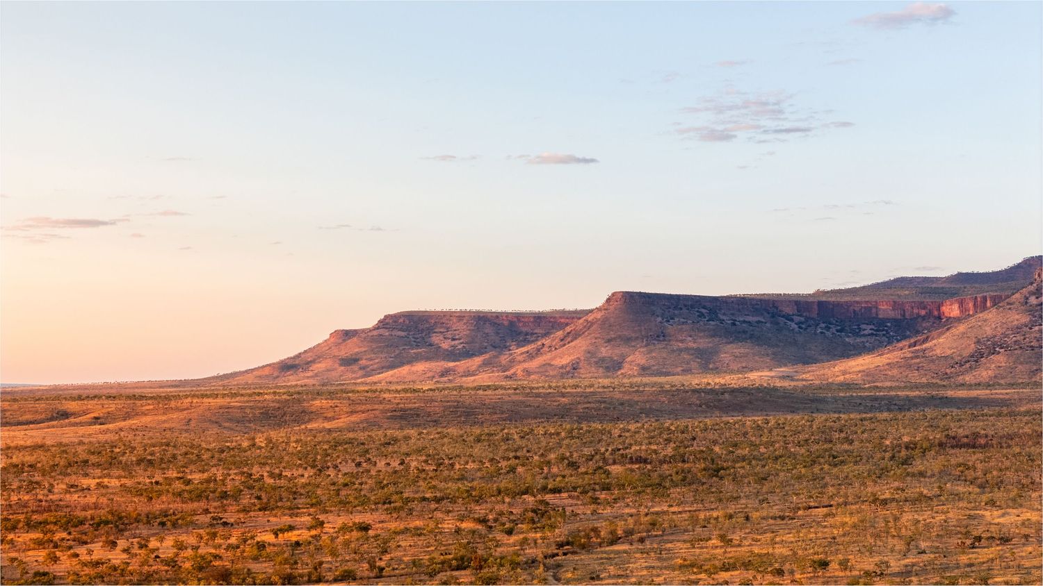 Vast arid Australian outback landscape with flat-topped mesa mountains glowing in warm sunset light against a pale sky.