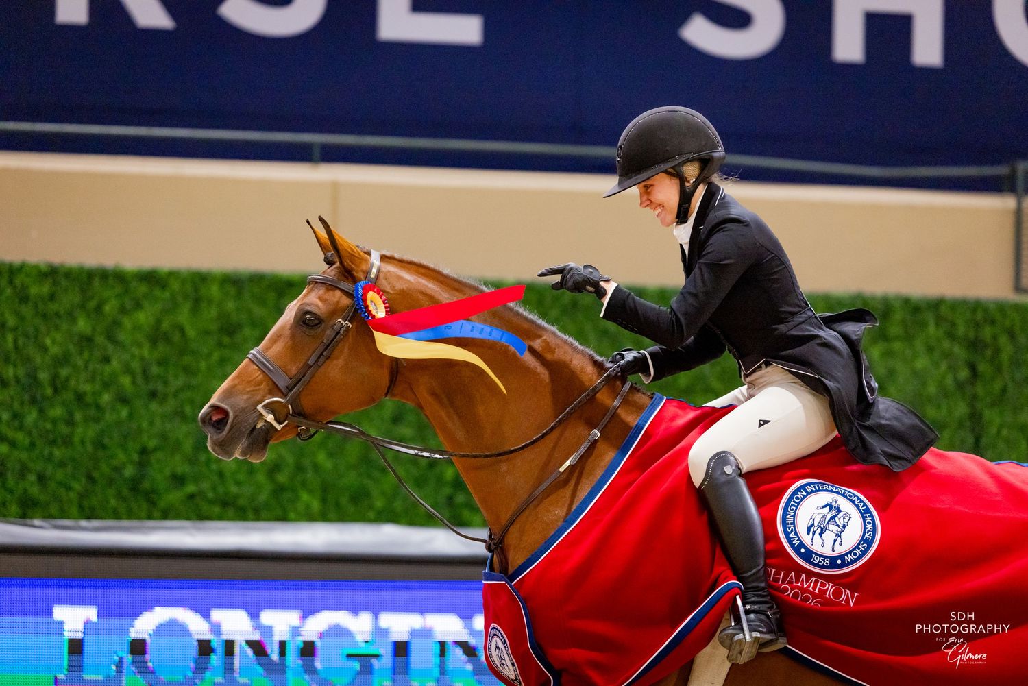 Equestrian rider in a black helmet and jacket on a chestnut horse wearing a red ribbon and red saddle pad at an indoor show jumping event.