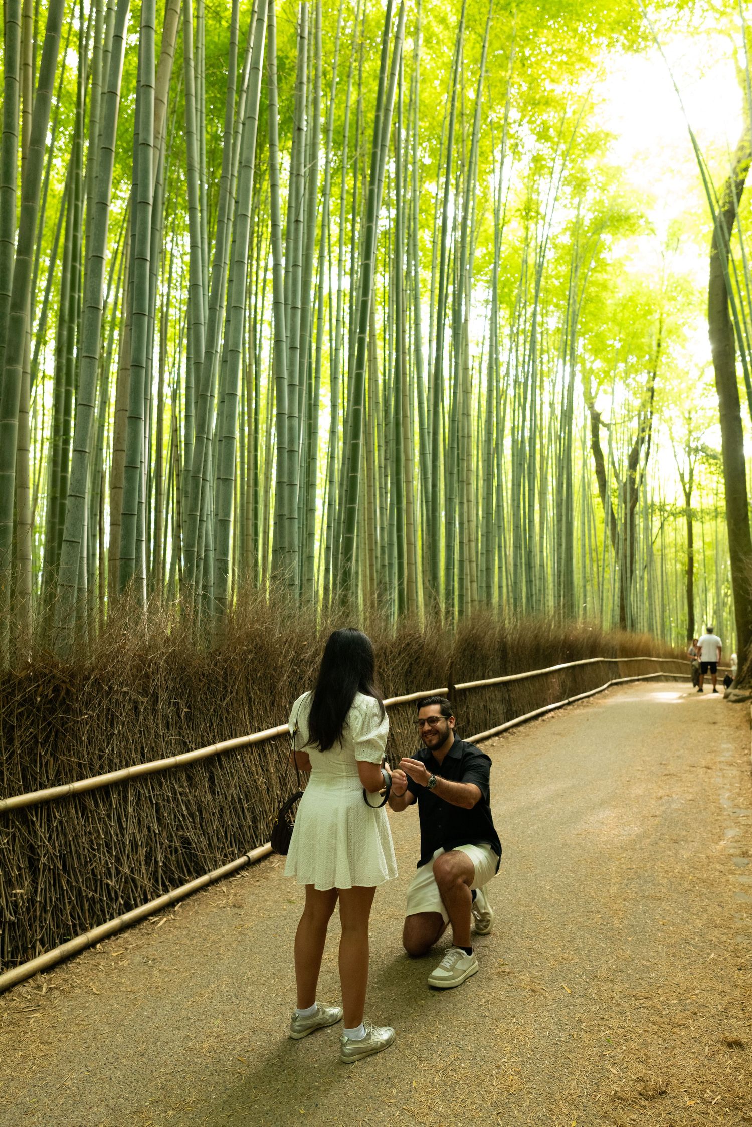 Man kneeling on one knee proposing to a woman in a white dress on a path beside a tall green bamboo forest.