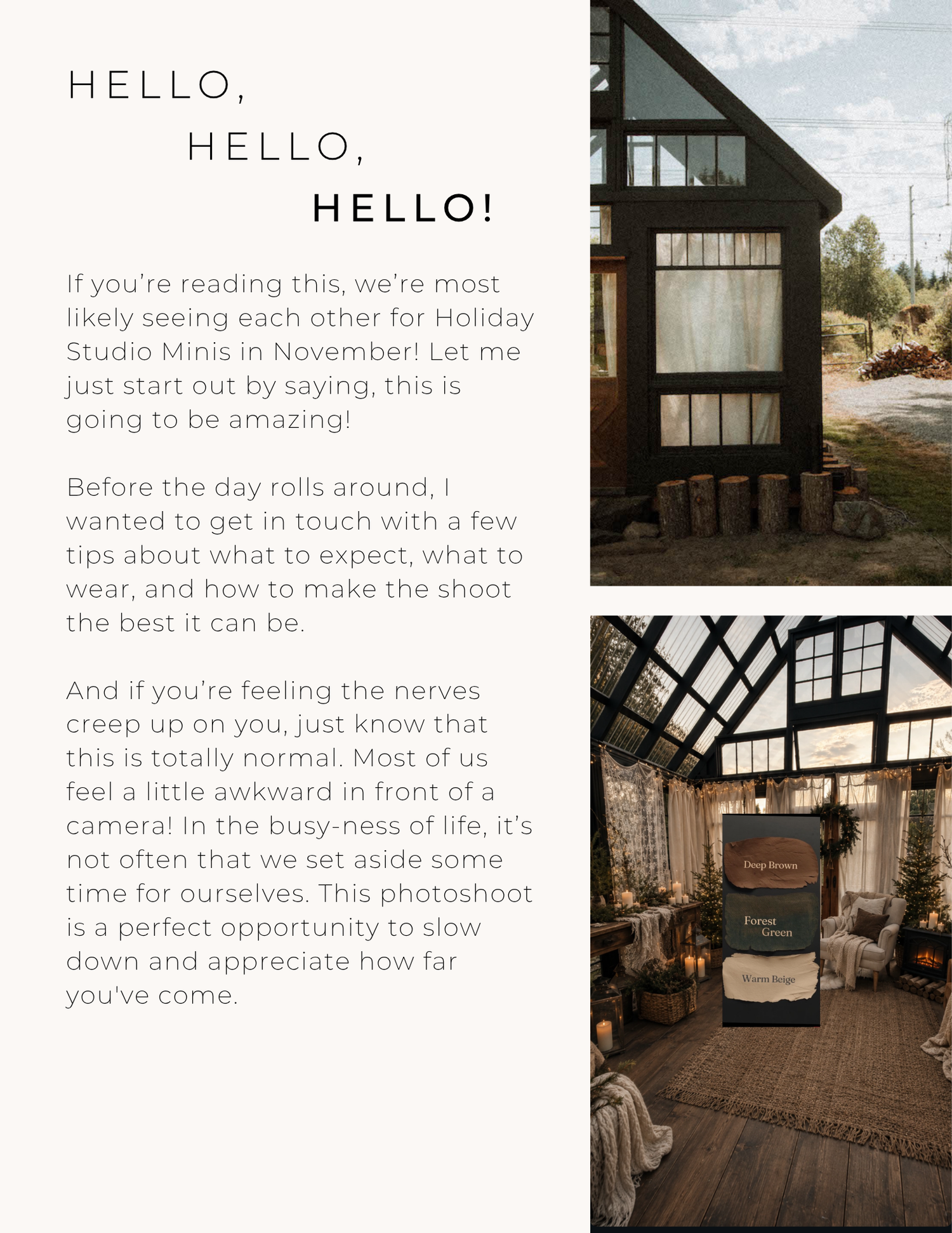 Rustic holiday studio mini session location featuring a dark wood cabin exterior and cozy interior with string lights.
