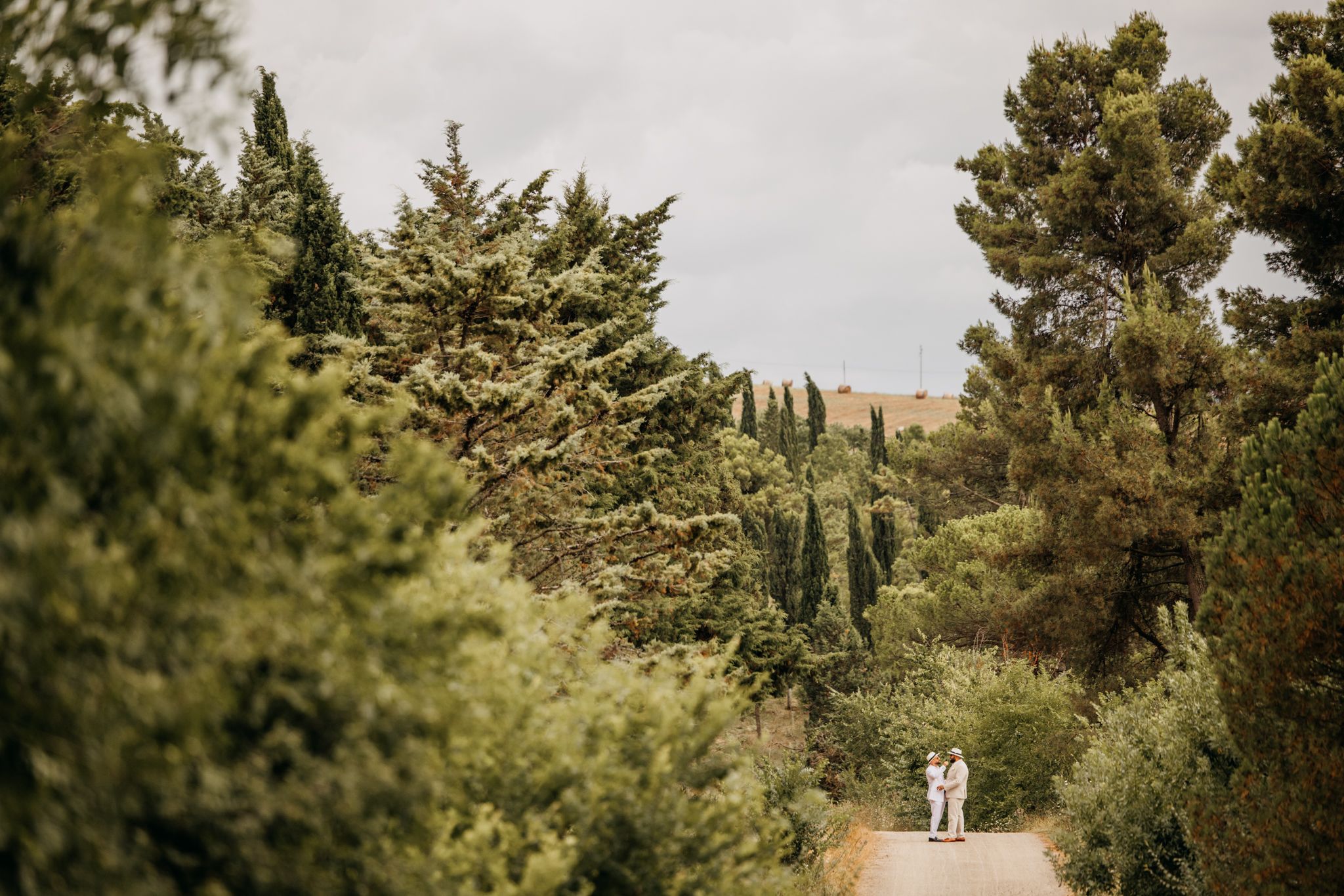 Wedding couple holds hands on a scenic tree-lined path surrounded by lush green Mediterranean landscape.