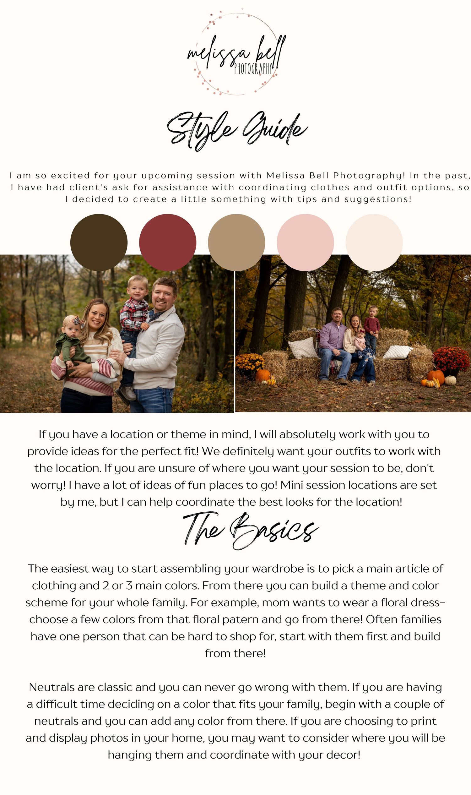 Melissa Bell Photography style guide showing a family posing outdoors in coordinated fall outfits among autumn foliage.