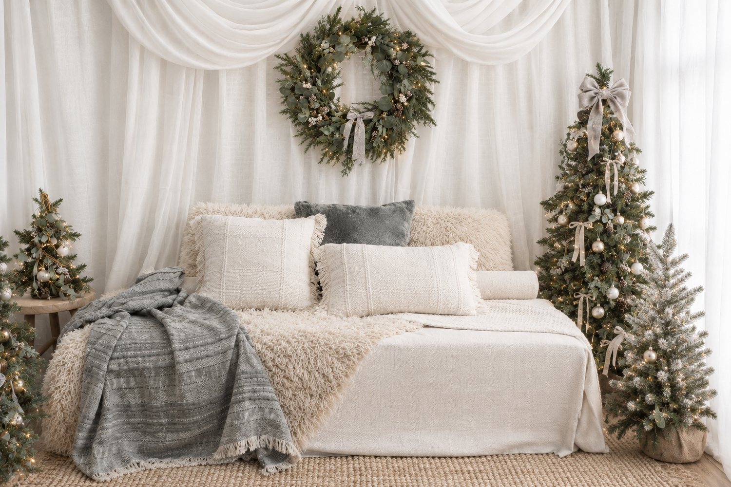 Cozy Christmas bed scene with a cream daybed, knit throw, pillows, a greenery wreath, white drapes and frosted holiday trees.