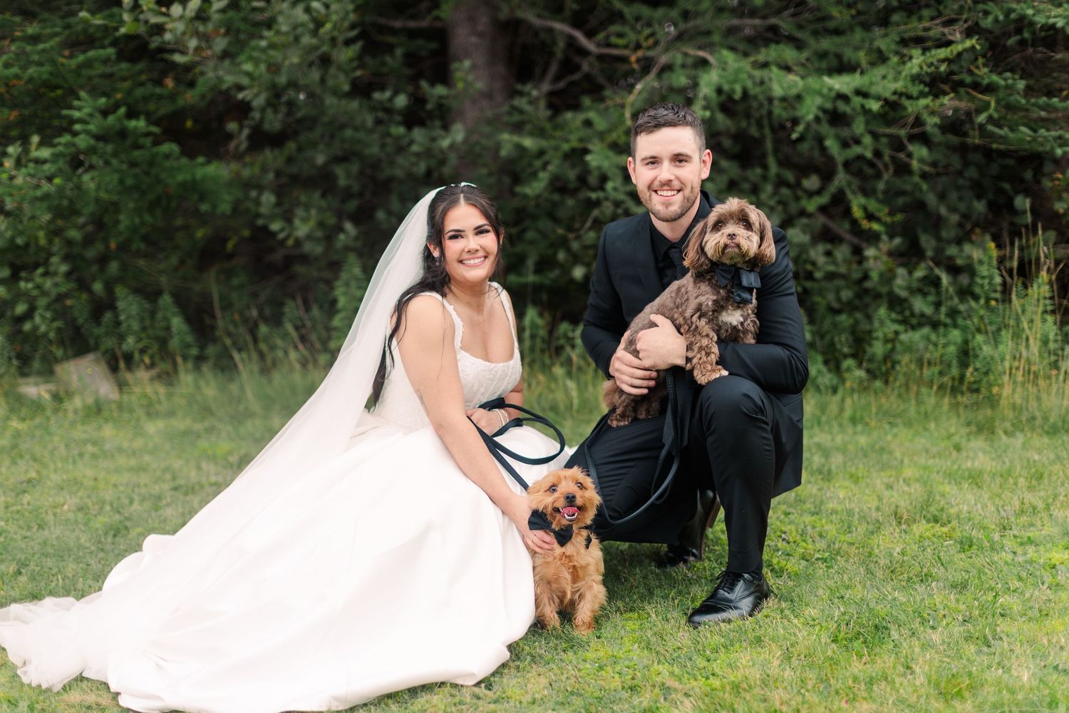 Bride in a white wedding gown and groom in a dark suit kneel on a grassy lawn, each holding a small brown dog, with trees behind them.