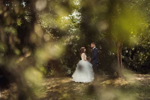 Egy romantikus esküvői szertartásra kerül sor egy álomszerű erdei környezetben, ahol a napfény átsüt a fákon.
