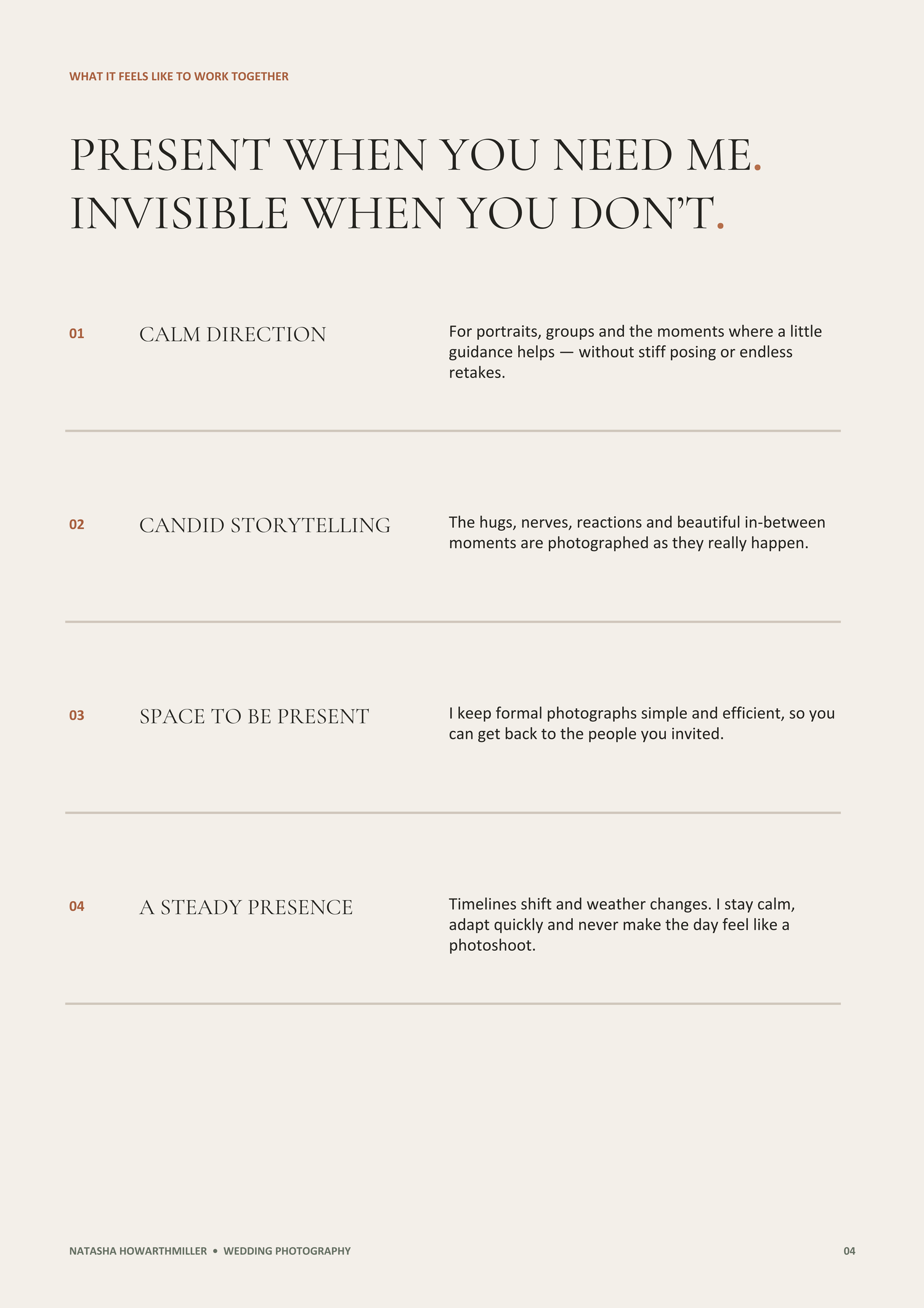 A minimalist wedding photography guide listing four key working principles including calm direction and candid storytelling.