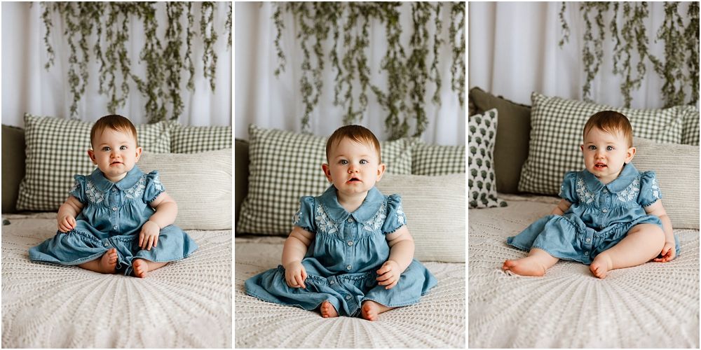 Adorable baby in blue denim romper sitting on a bed with green pillows, shown in three poses.