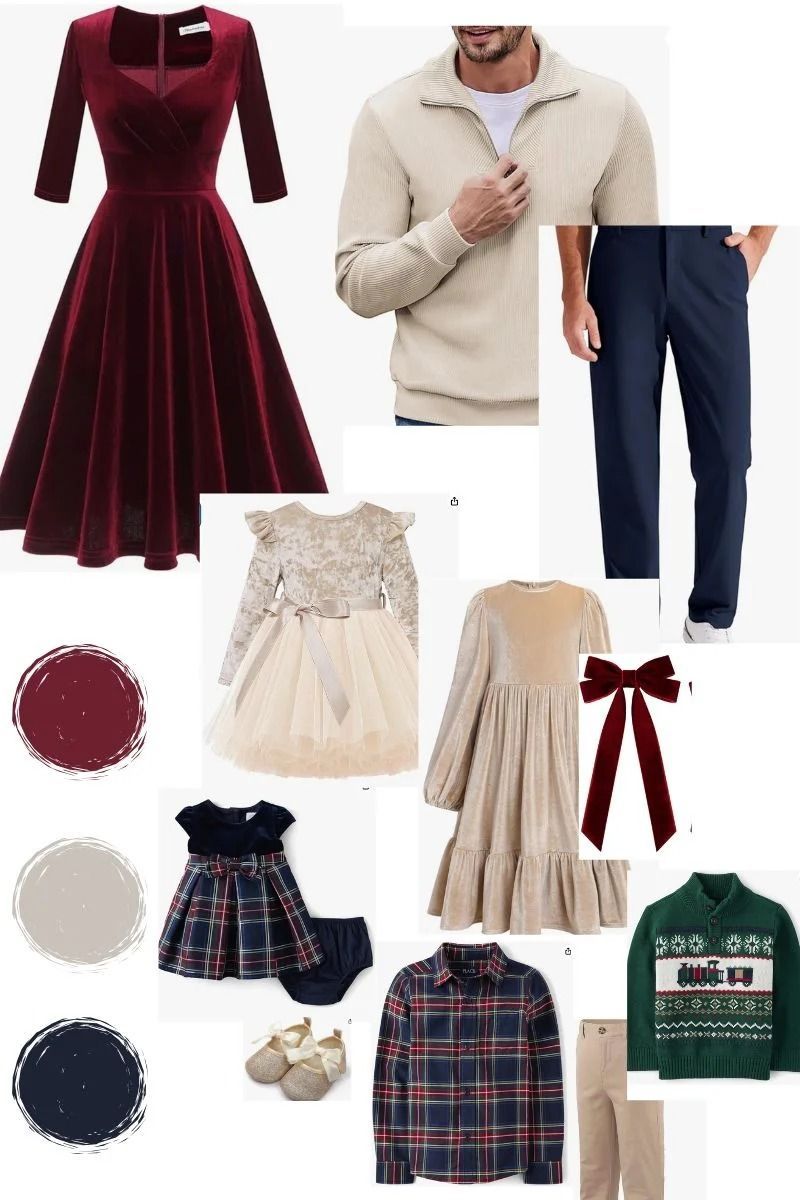 A festive family holiday outfit collage featuring velvet dresses, plaid sets, neutral sweaters, and coordinating children's clothing.