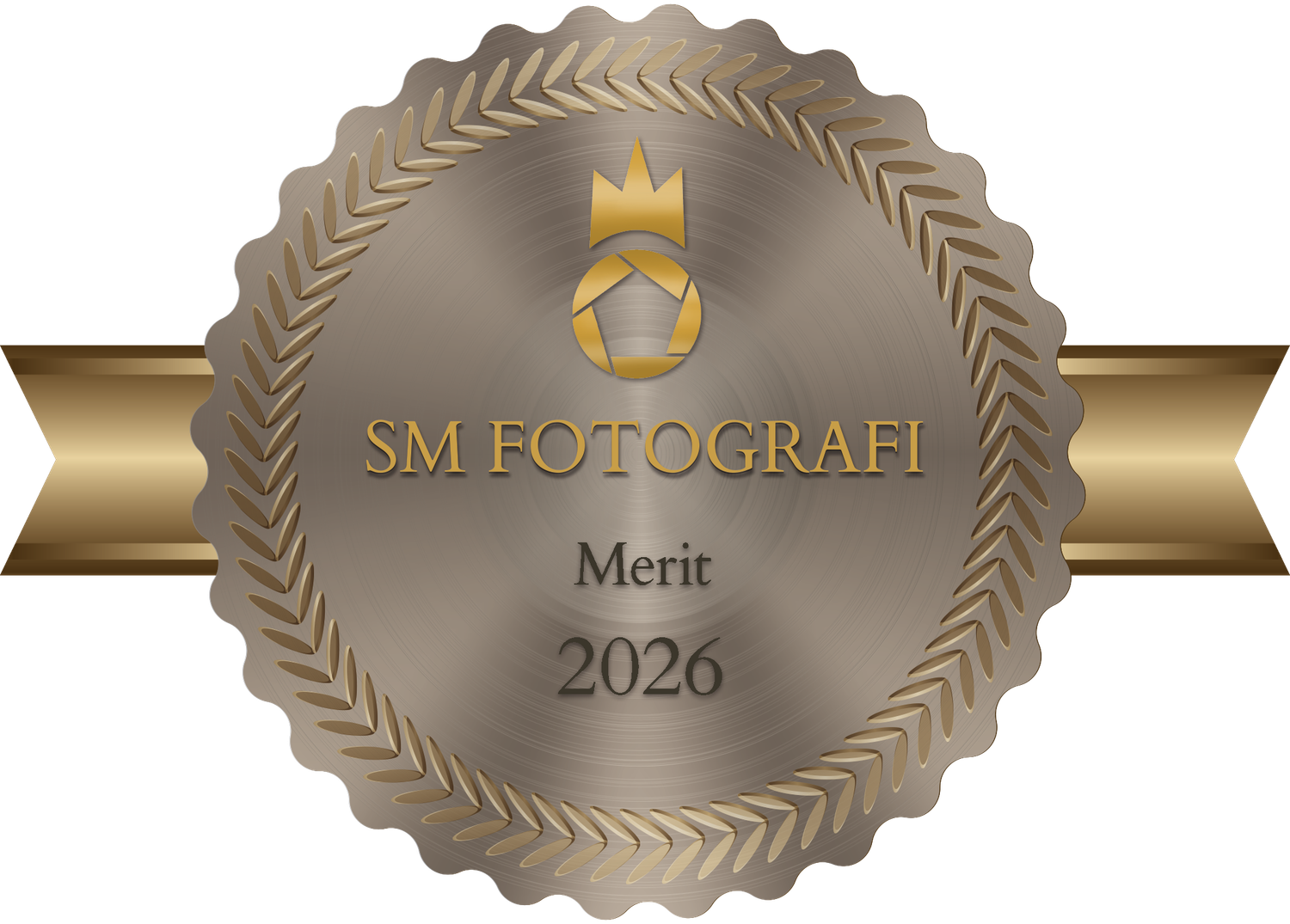 SM Fotografi Merit 2026 award badge, a bronze medallion with gold ribbon and laurel wreath design.
