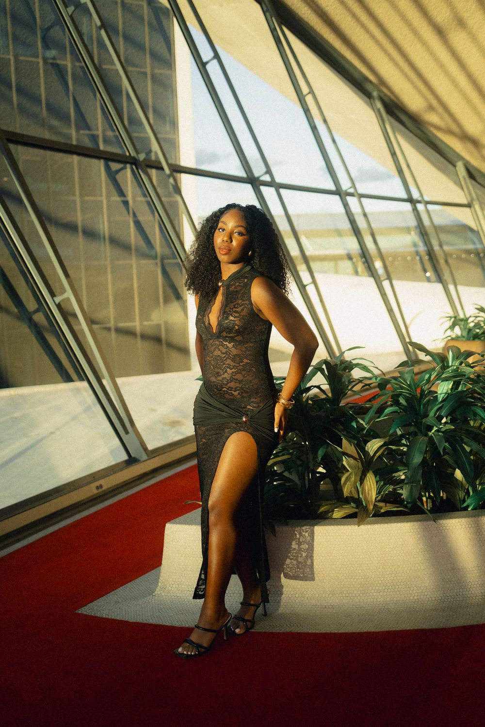 A person in a black dress poses against a slanted glass wall with dramatic lighting and indoor plants.