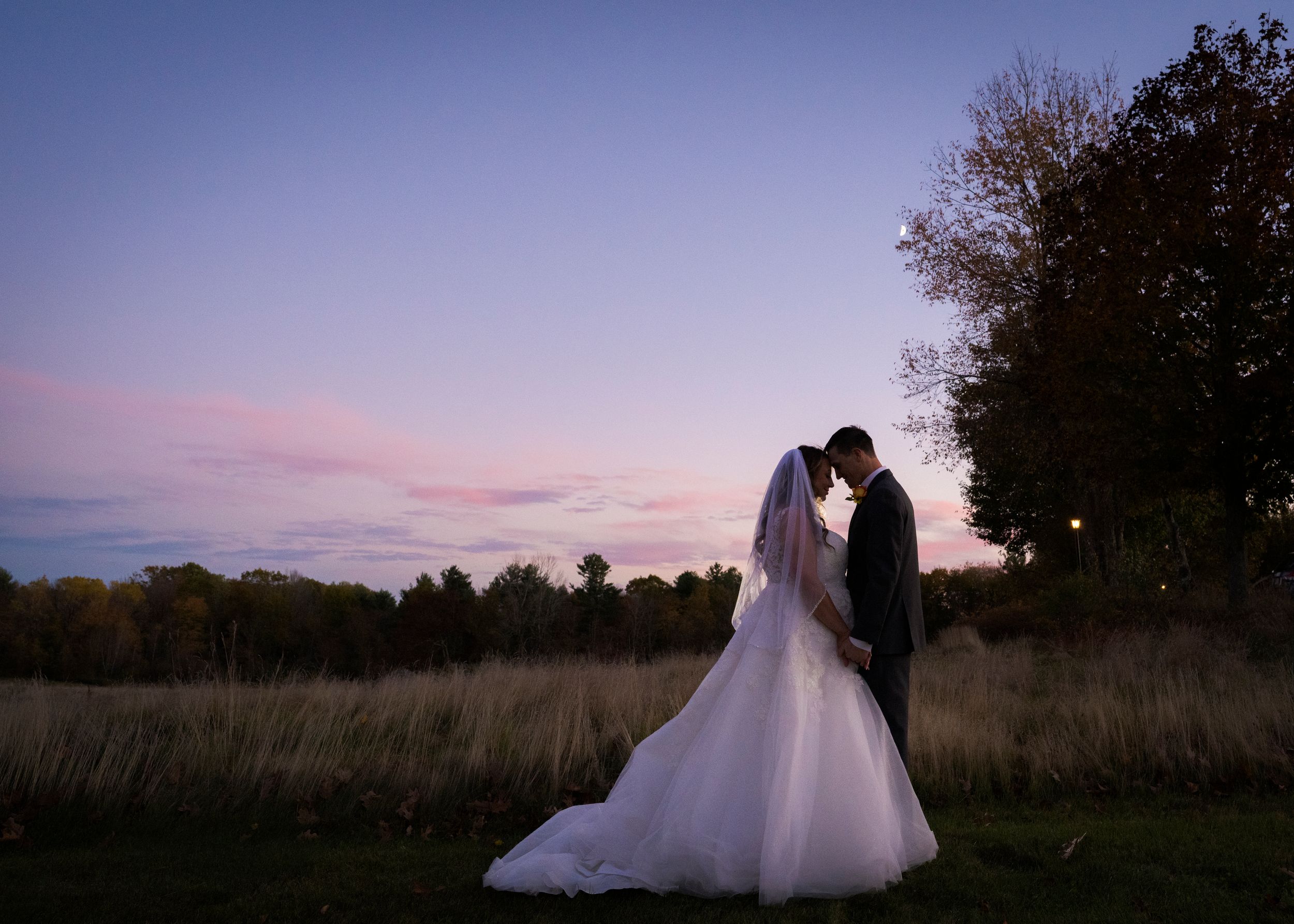 Bride in a white gown and groom in a dark suit embrace in a grassy field beneath a purple and pink twilight sky at sunset.