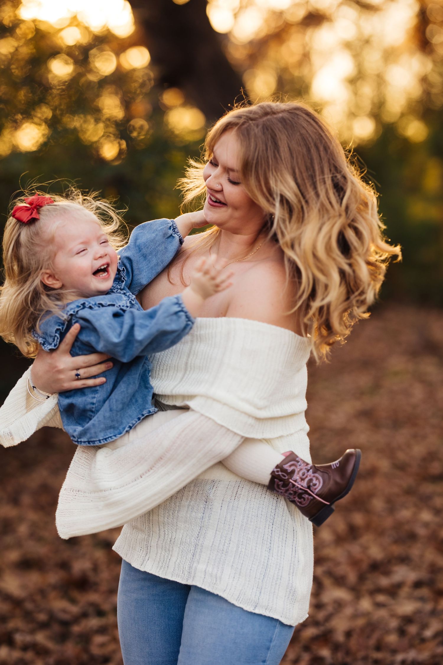 A tender moment captured in a series of photos showing playful interaction against golden sunset bokeh lighting.