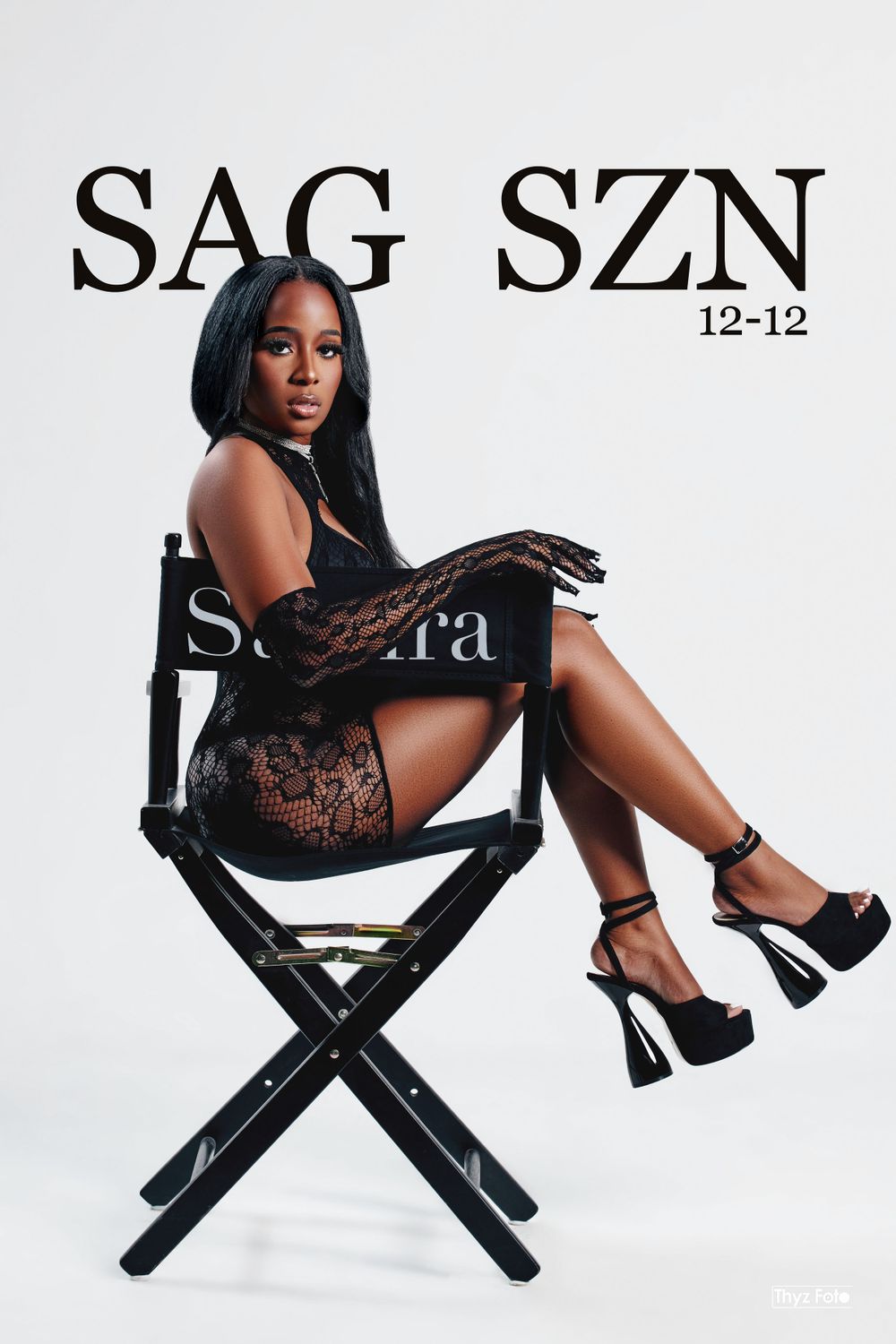Fashion editorial shot of a model sitting on a director's chair, dressed in black, with bold ‘SAG SZN’ typography in the background