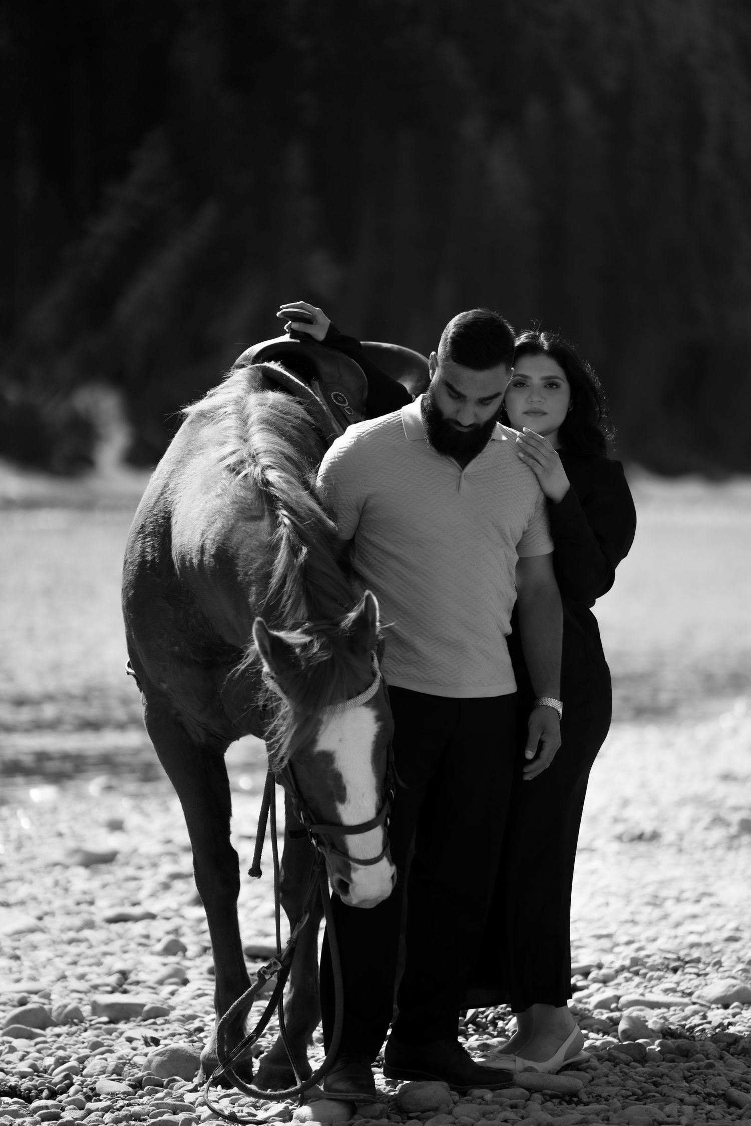 Couple posing with a majestic brown horse in black and white photography.