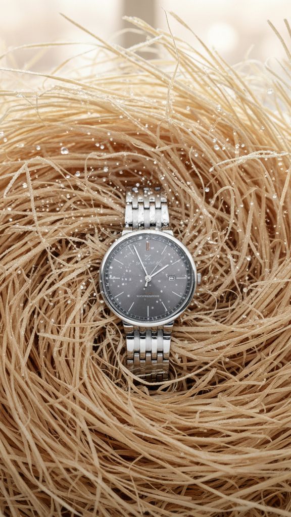 A silver wristwatch with a black dial rests in a nest of natural beige raffia or straw material.