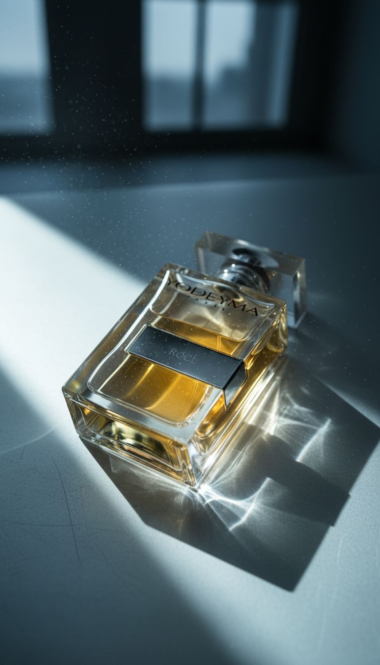 A gold perfume bottle lying on its side casting dramatic shadows in moody lighting.