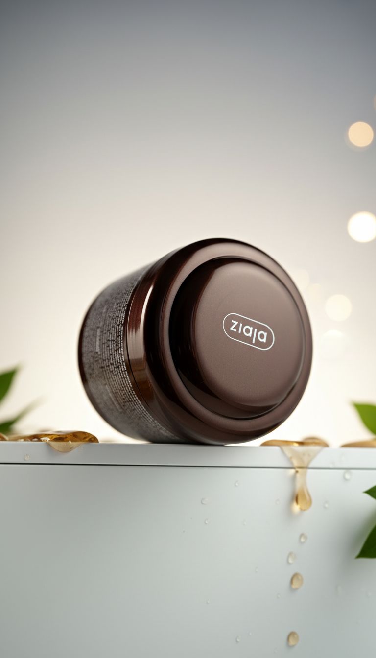 A sequence of product shots showing honey or liquid gold dripping from a dark brown Ziaja cosmetic bottle on glass surface.