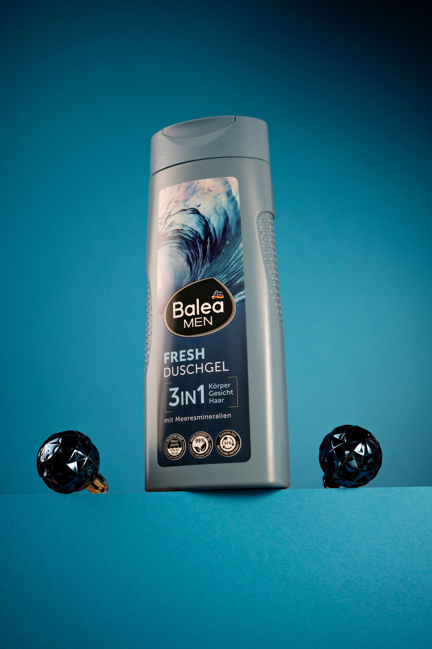 Balea shower gel bottle photographed in sequence against turquoise background showing product movement and placement.