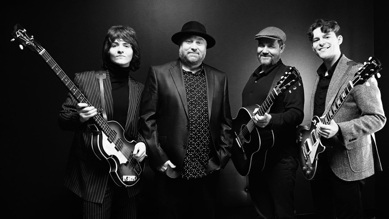 Musicians perform with guitars and instruments in a black and white photo series.
