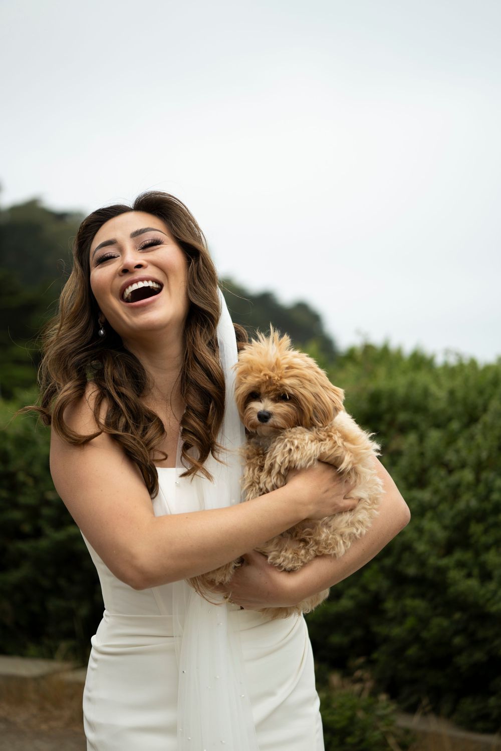 Candid photo of bride with her dog at Lands End in San Francisco