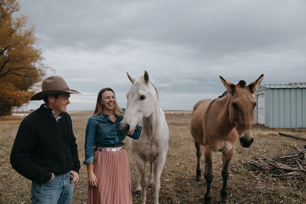 A series of romantic outdoor photos with horses in a rustic field setting on an overcast autumn day.