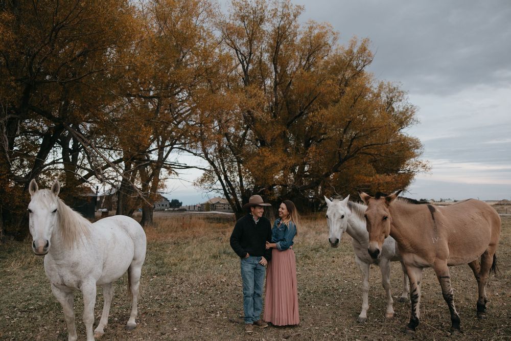 Two people stand in a field at dusk with white and brown horses against autumn trees and cloudy sky.