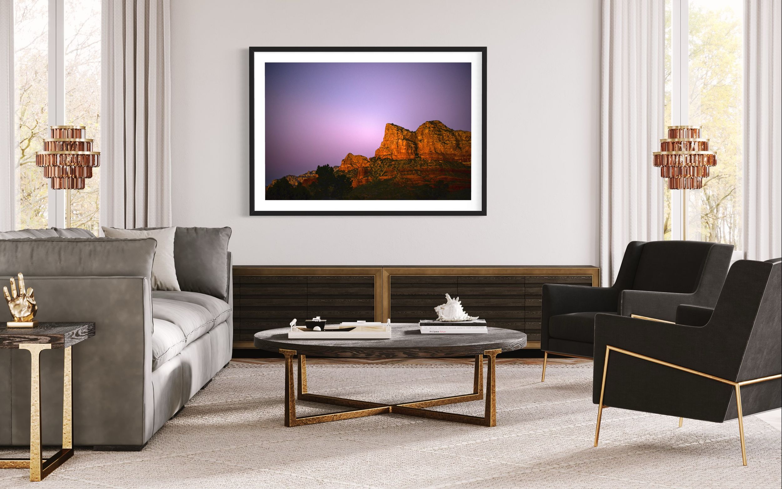 Modern living room interior with Sedona landscape artwork and contemporary furniture. Sedona Fine Art Photography
