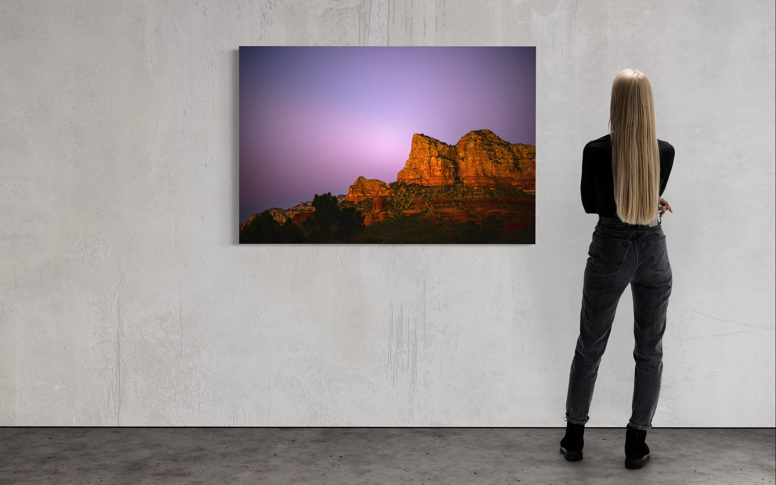 Gallery view of large purple sunset photograph of Sedona mountains. Sedona Fine Art Photography