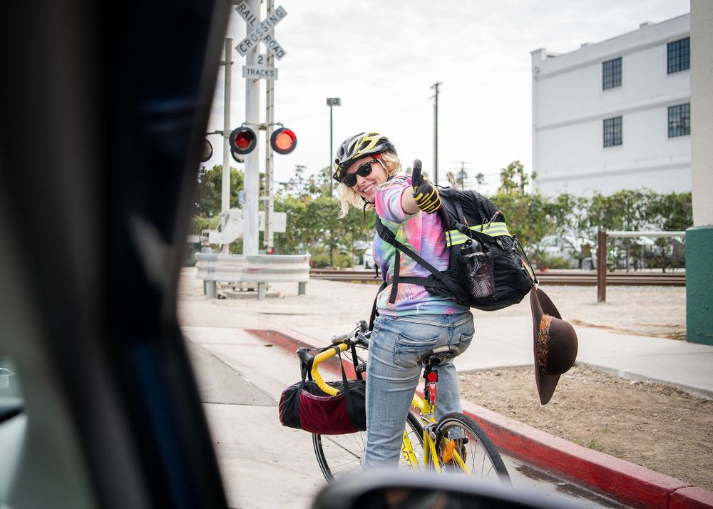 girl riding her bike in santa barbara's funk zone area