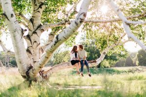 A couple sits on a swing hanging from a birch tree in golden sunlight.