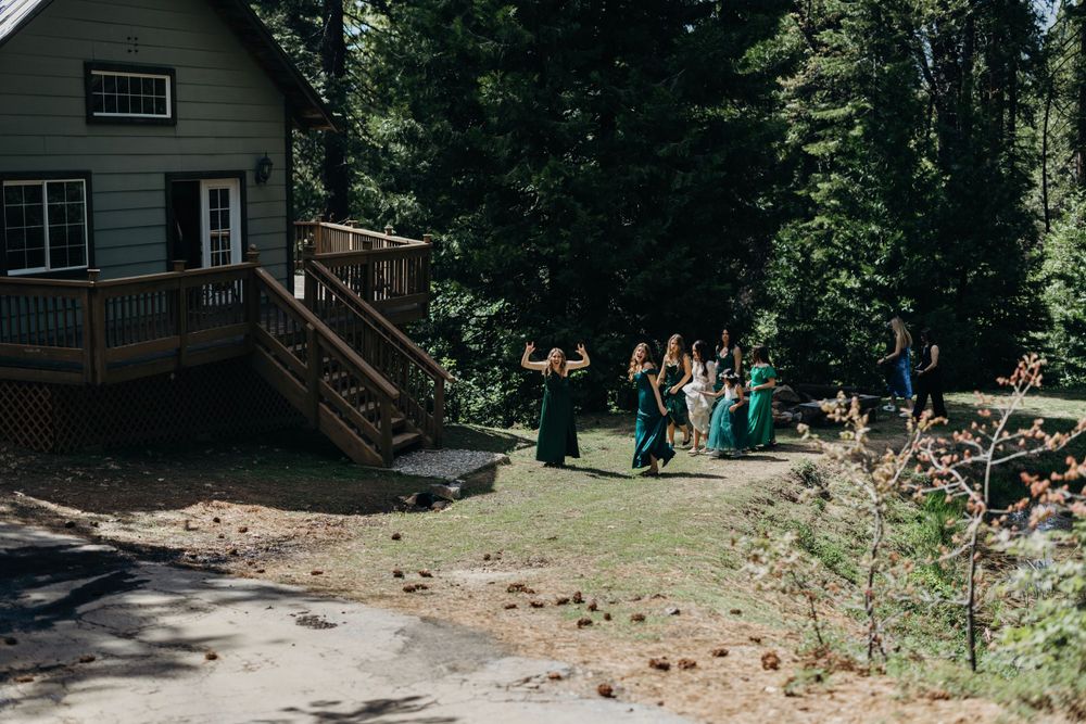 Rustic cabin wedding venue surrounded by trees and natural landscape.
