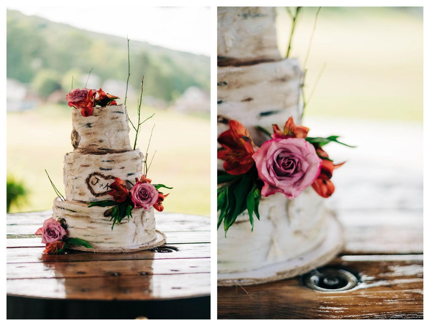 collage of two photos of rustic birch-like wedding cake with pink and red flowers