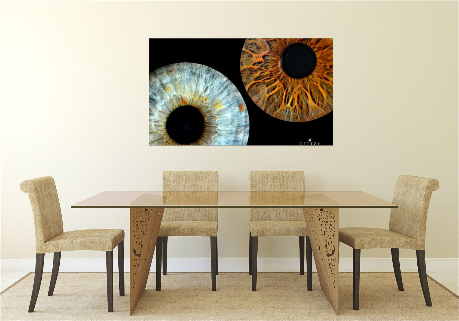 Wall art featuring blue and brown iris photographs mounted above modern dining set.